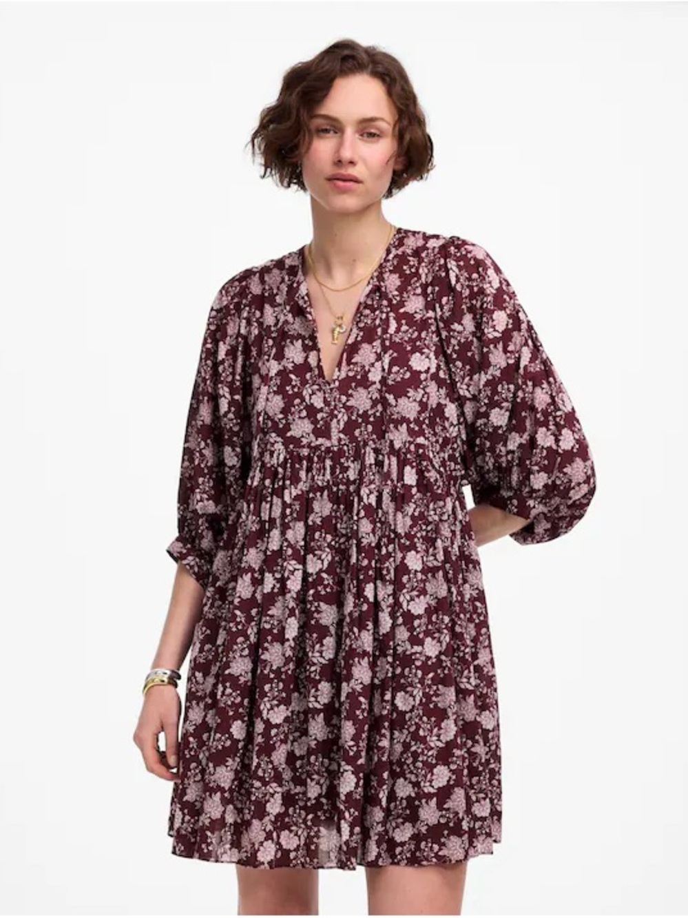 Madewell Olivia Floral Dark Fig Babydoll Dress Oversized
